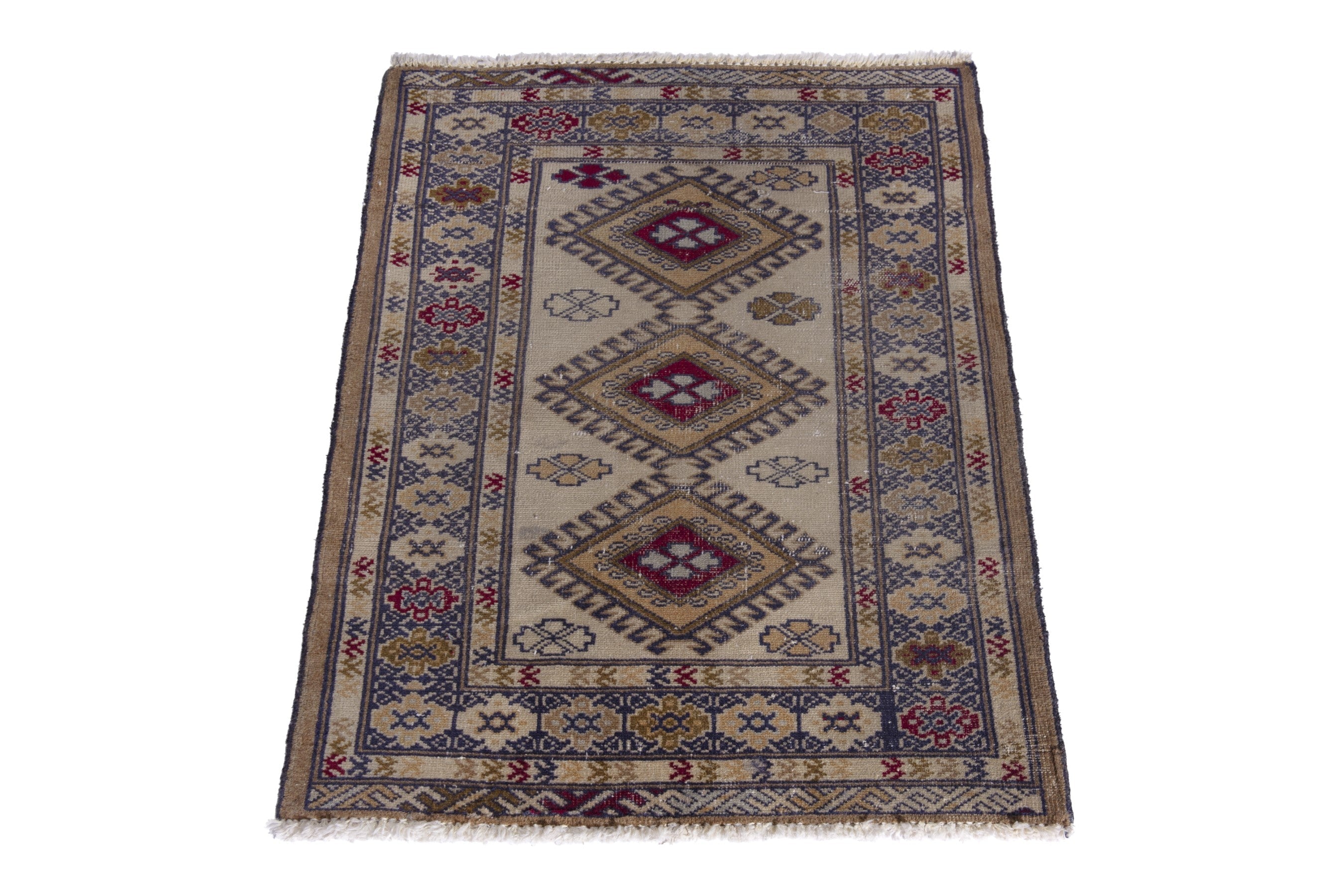 Persian Torkaman accent rug in cream and dark blue, view 3 of 8