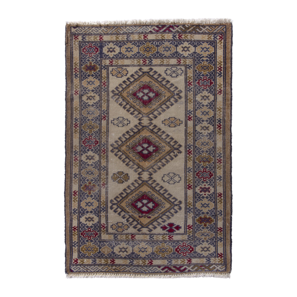 Persian Torkaman accent rug in cream and dark blue, 2'2" x 3'1"