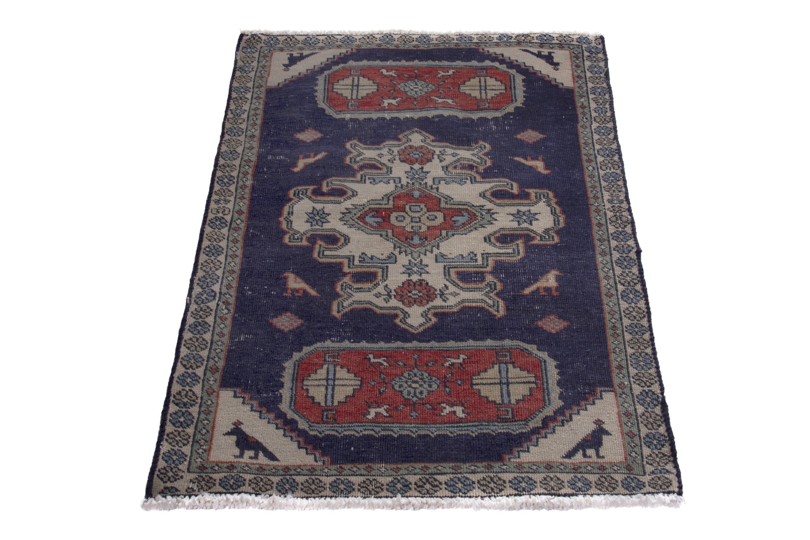 Persian Ardabil accent rug in navy and cream, view 2 of 7