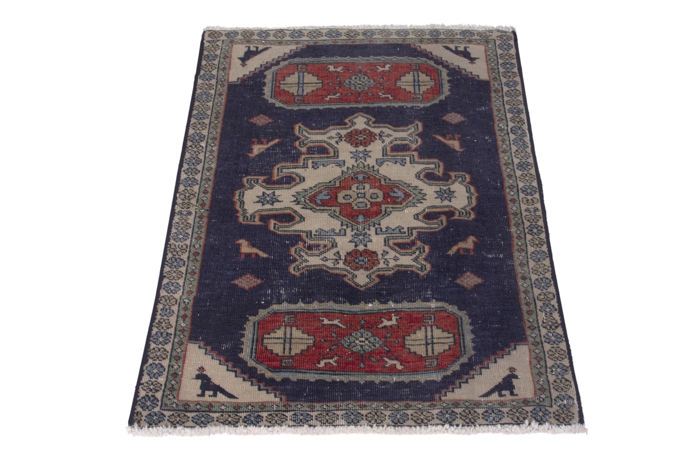 Persian Ardabil accent rug in navy and cream, view 3 of 7