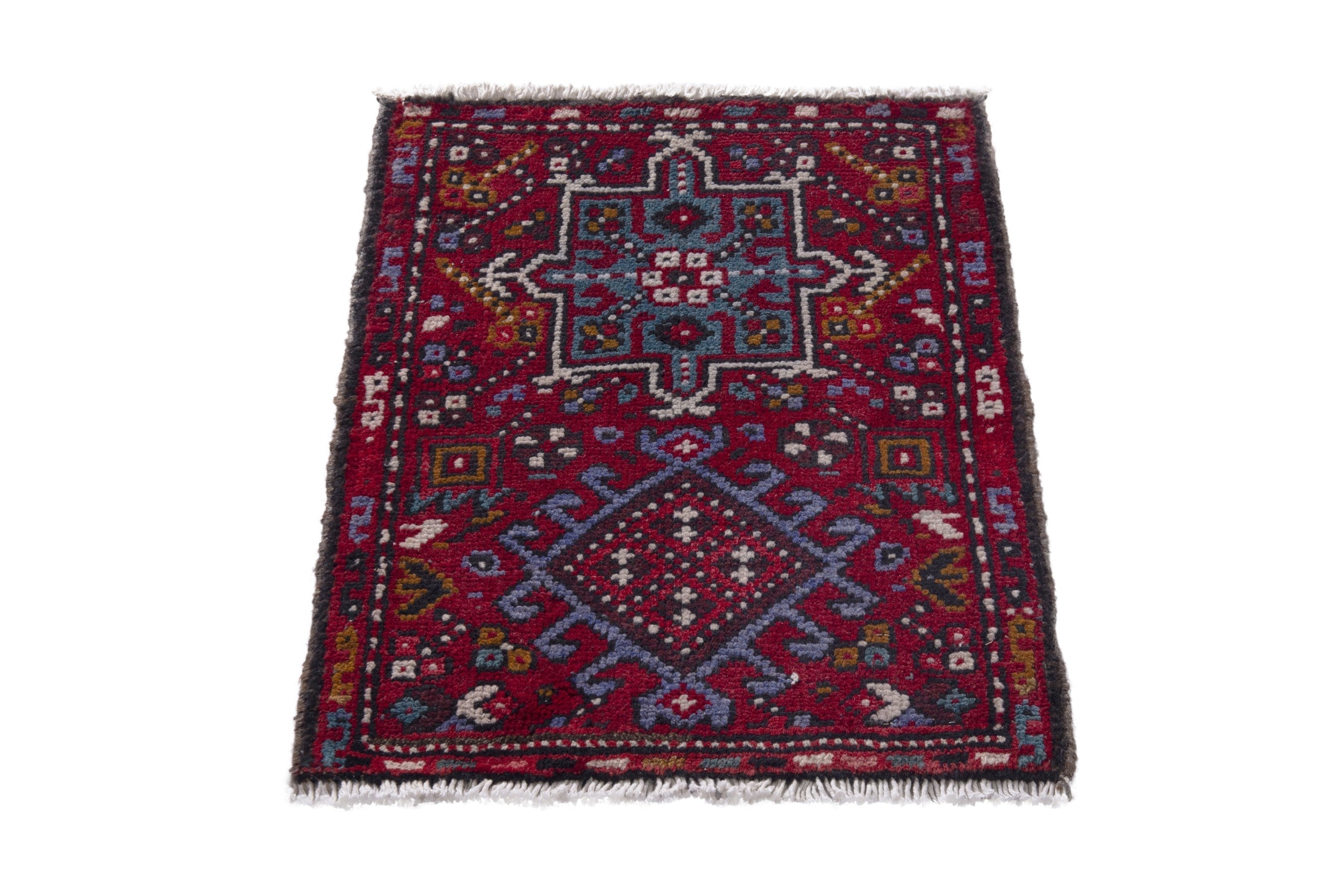 Persian Gharajeh accent rug in burgundy and dark teal, view 2 of 7