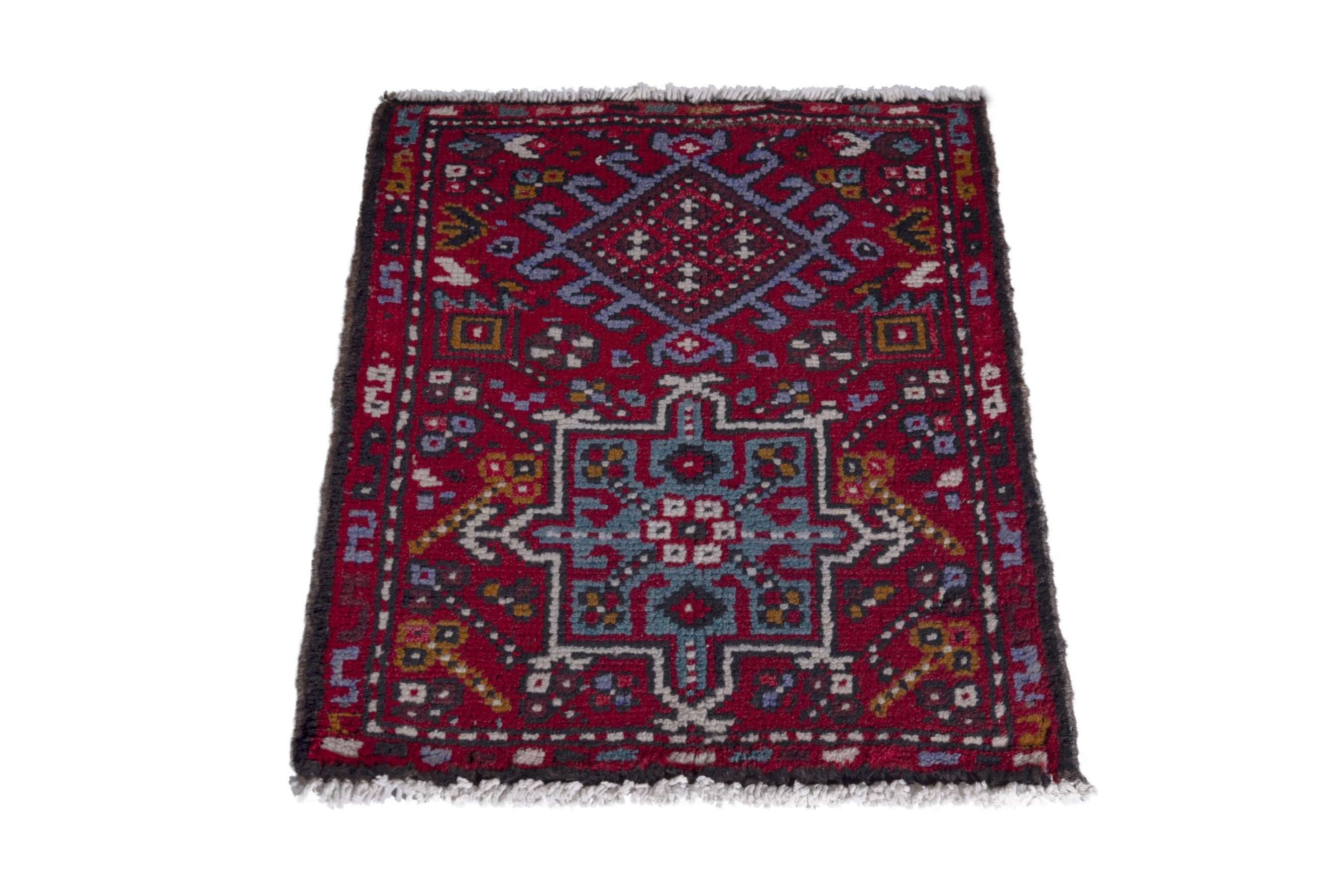 Persian Gharajeh accent rug in burgundy and dark teal, view 3 of 7