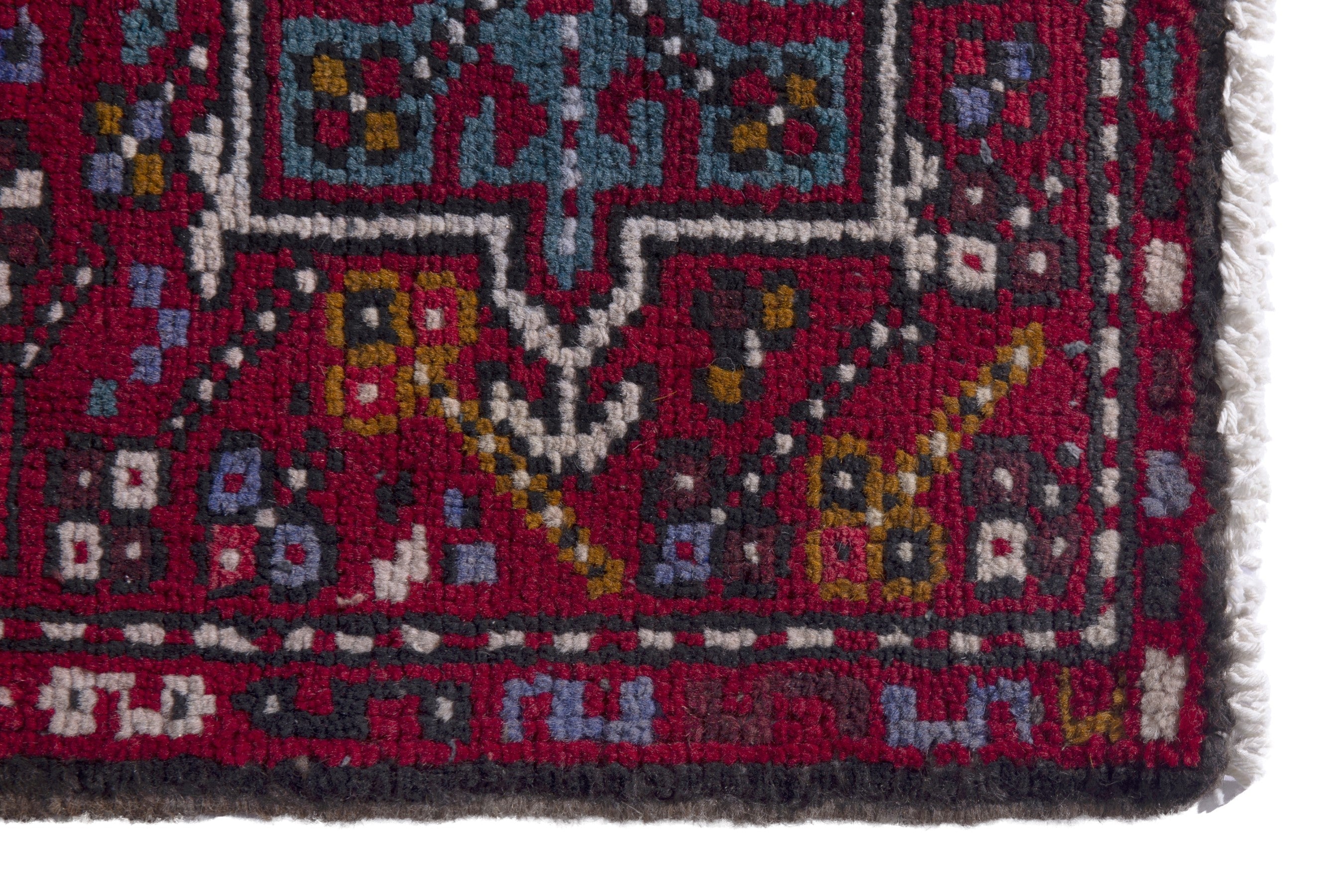 Persian Gharajeh accent rug in burgundy and dark teal, view 5 of 7