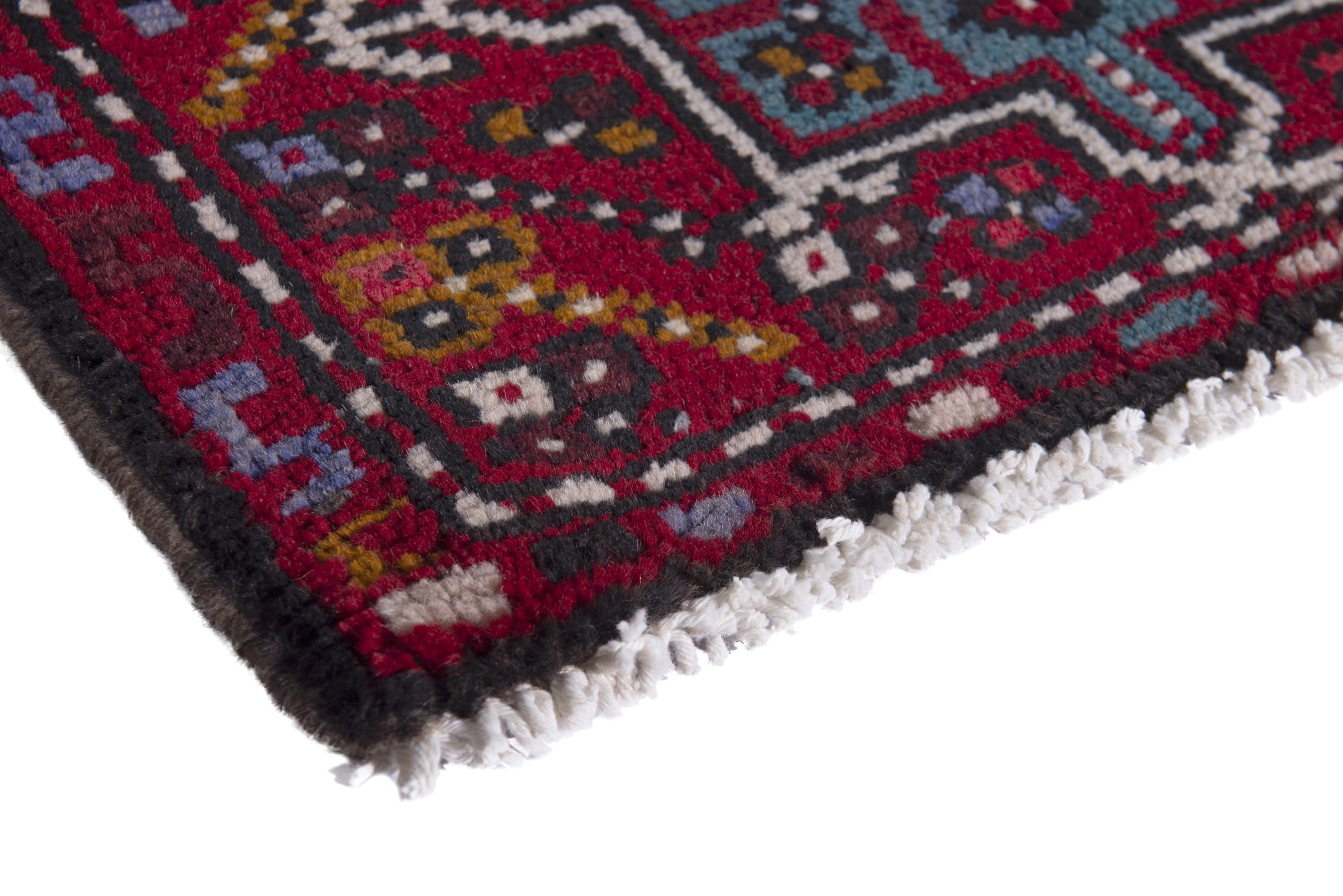 Persian Gharajeh accent rug in burgundy and dark teal, view 4 of 7