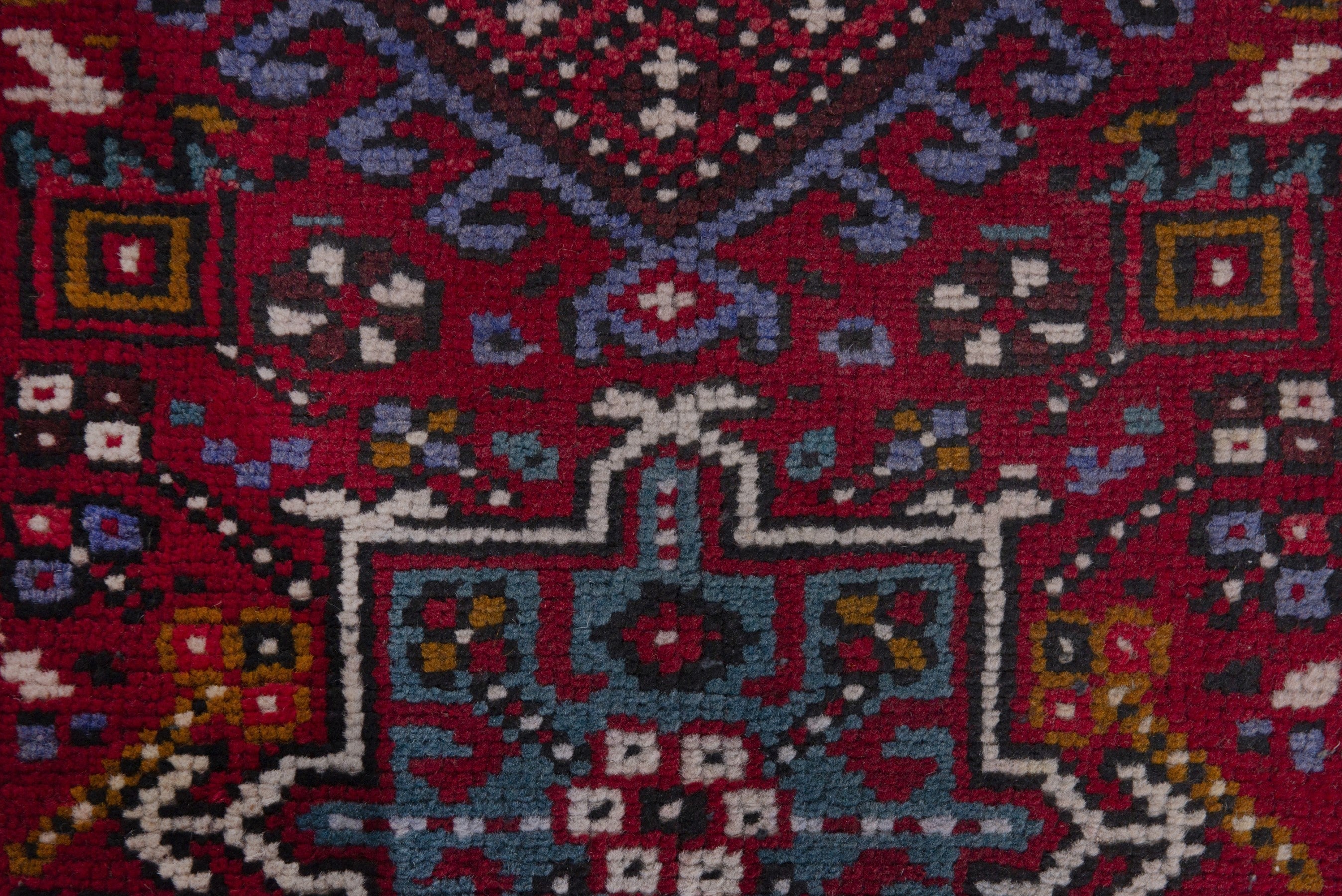 Persian Gharajeh accent rug in burgundy and dark teal, view 6 of 7