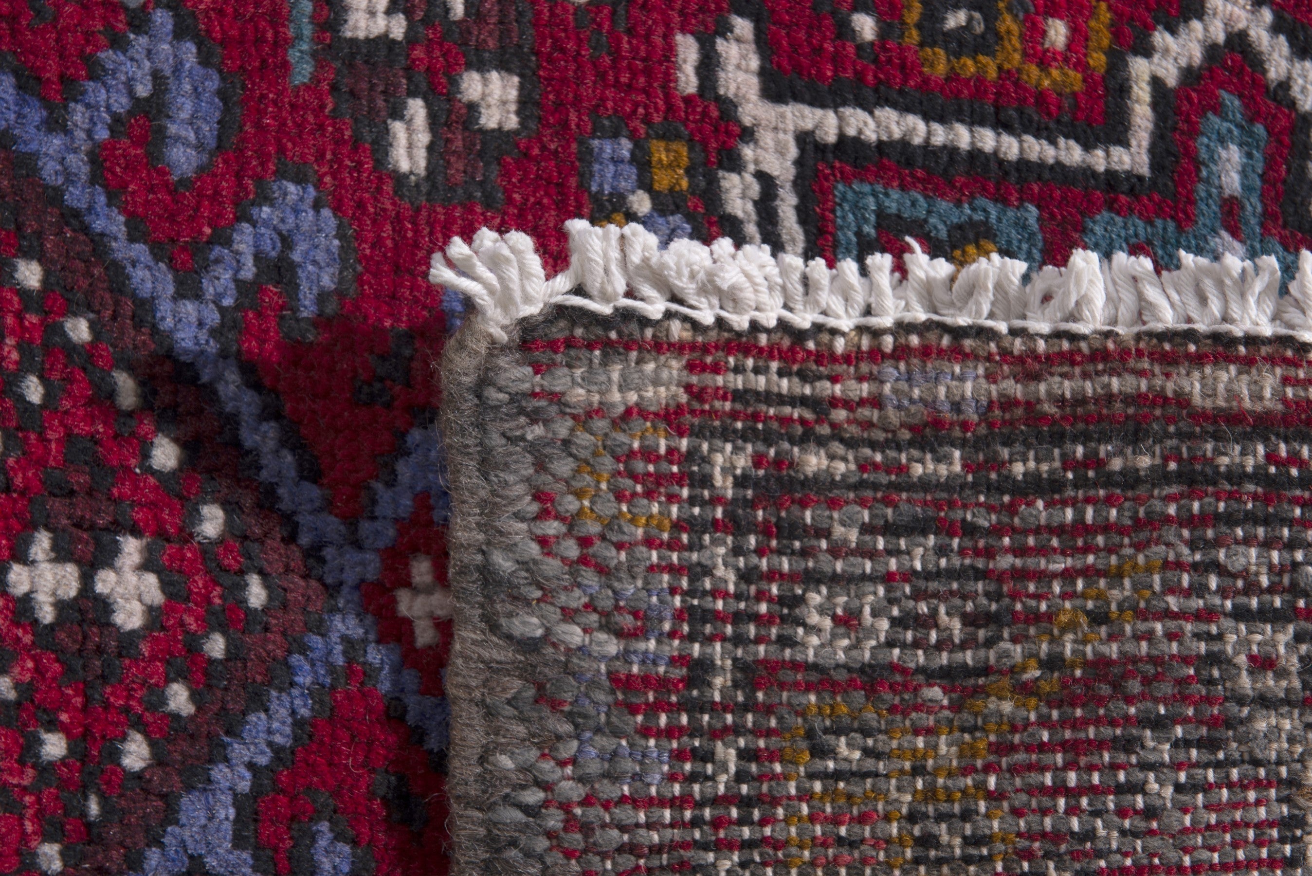 Persian Gharajeh accent rug in burgundy and dark teal, view 7 of 7