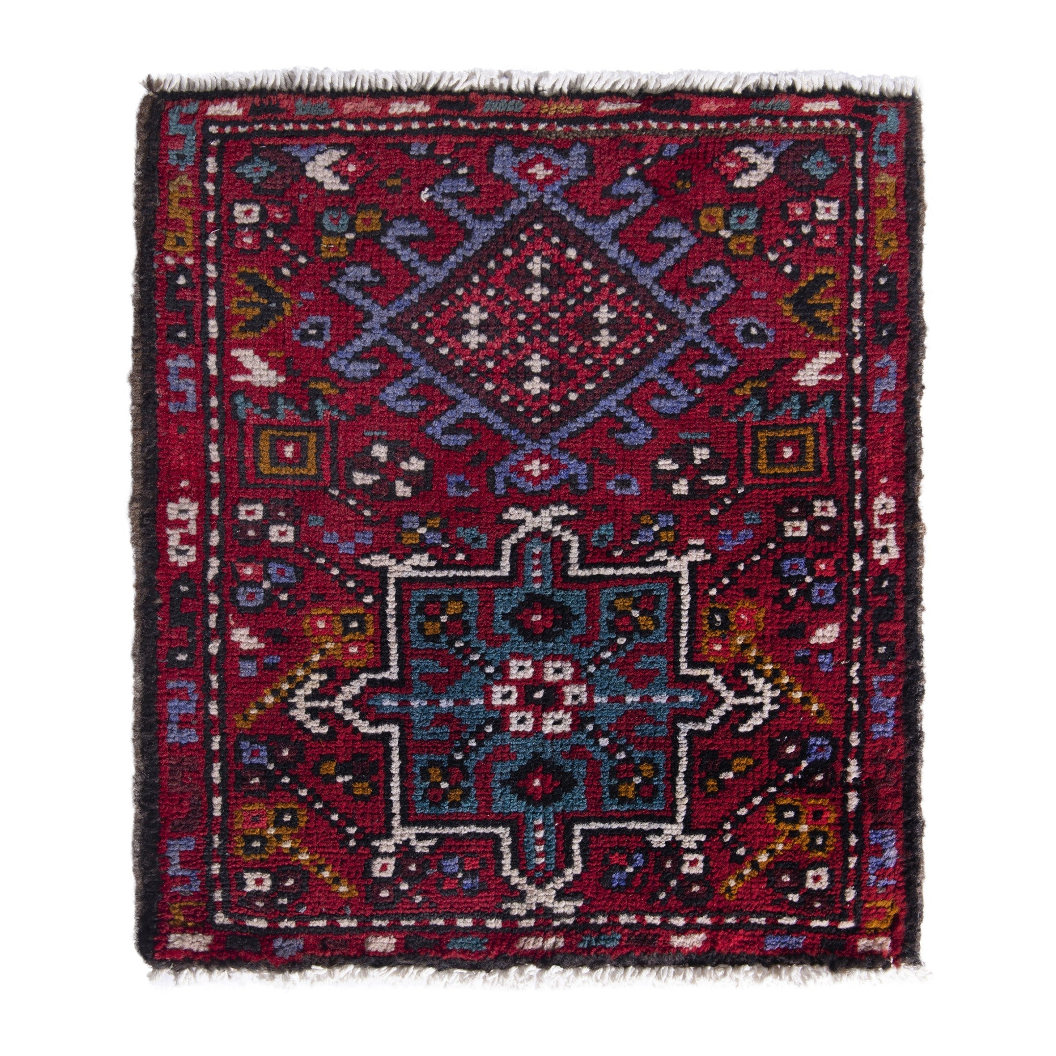 Persian Gharajeh accent rug in burgundy and dark teal, 1'10" x 2'2"