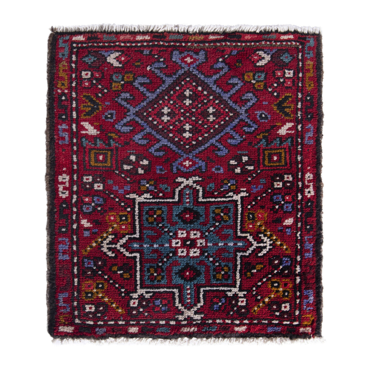 Persian Gharajeh accent rug in burgundy and dark teal, 1'10" x 2'2"