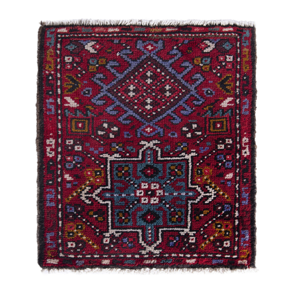 Persian Gharajeh accent rug in burgundy and dark teal, 1'10" x 2'2"