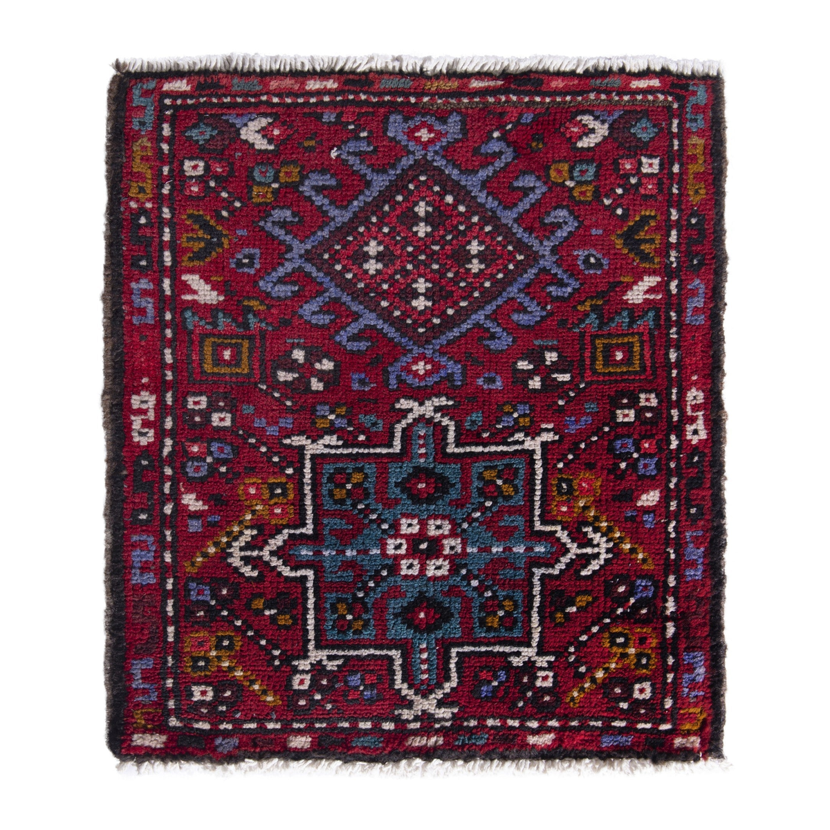 Persian Gharajeh accent rug in burgundy and dark teal, 1'10" x 2'2"