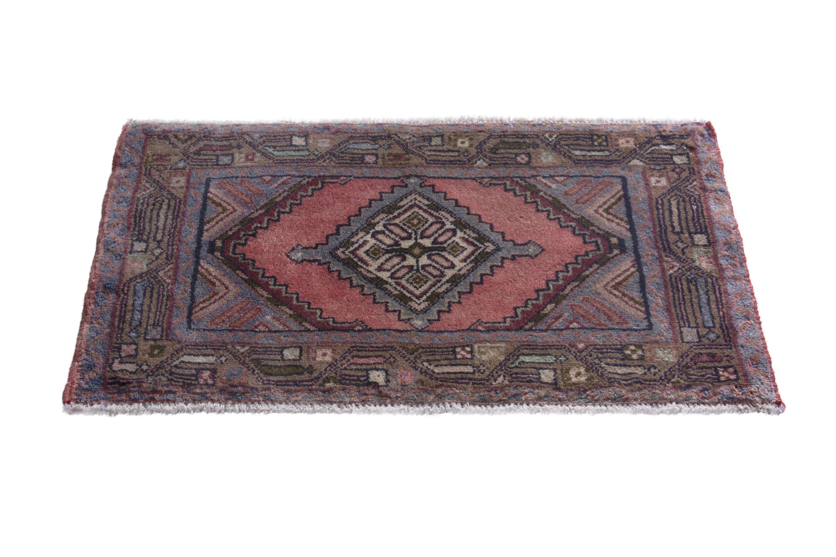 Persian Hamedan accent rug in rose and dark blue, view 2 of 7