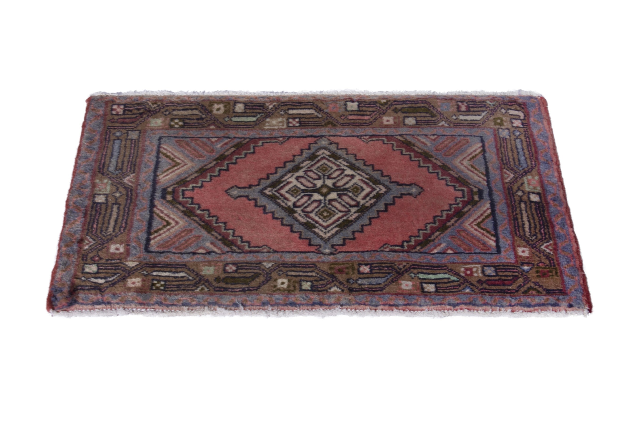 Persian Hamedan accent rug in rose and dark blue, view 3 of 7