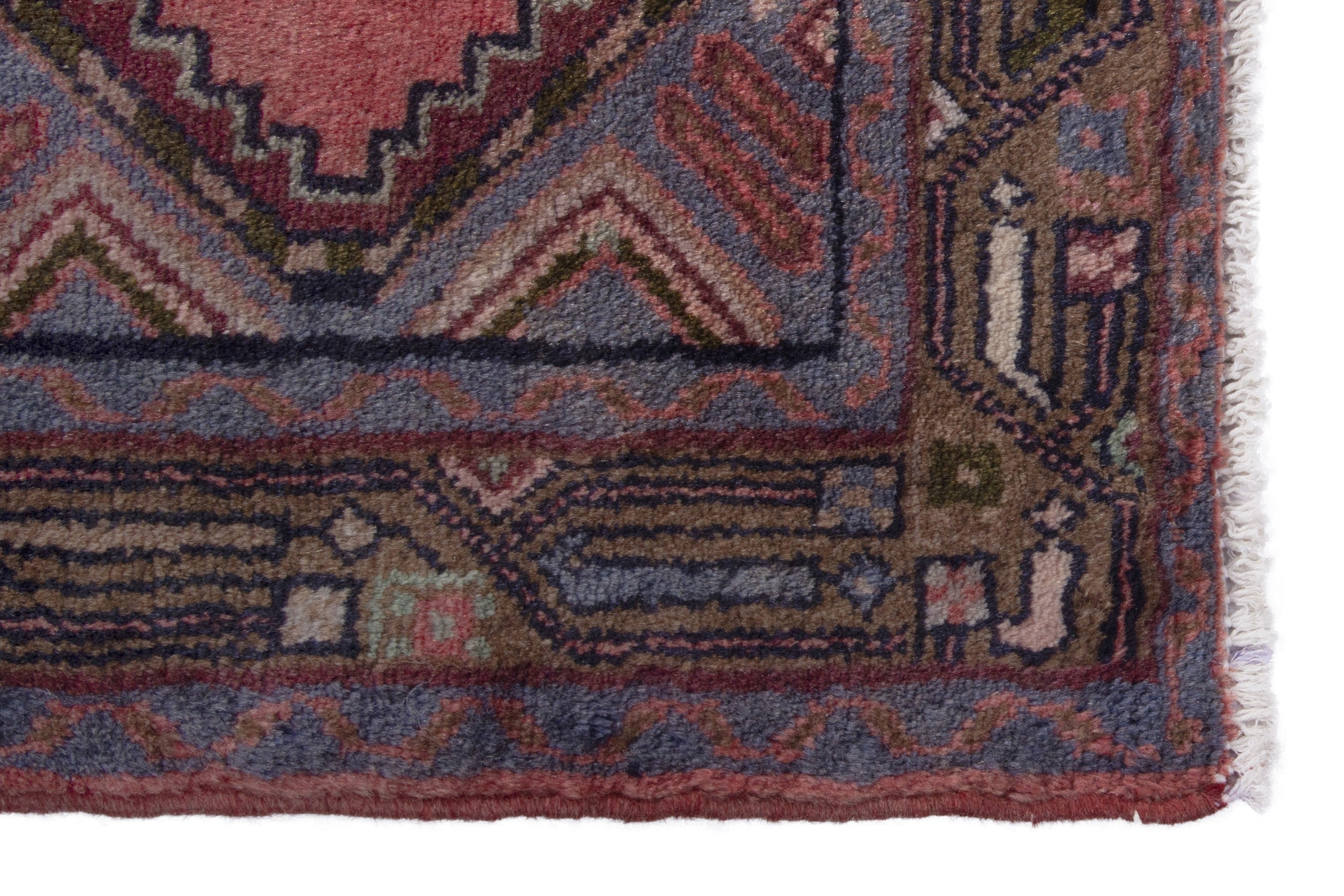 Persian Hamedan accent rug in rose and dark blue, view 4 of 7