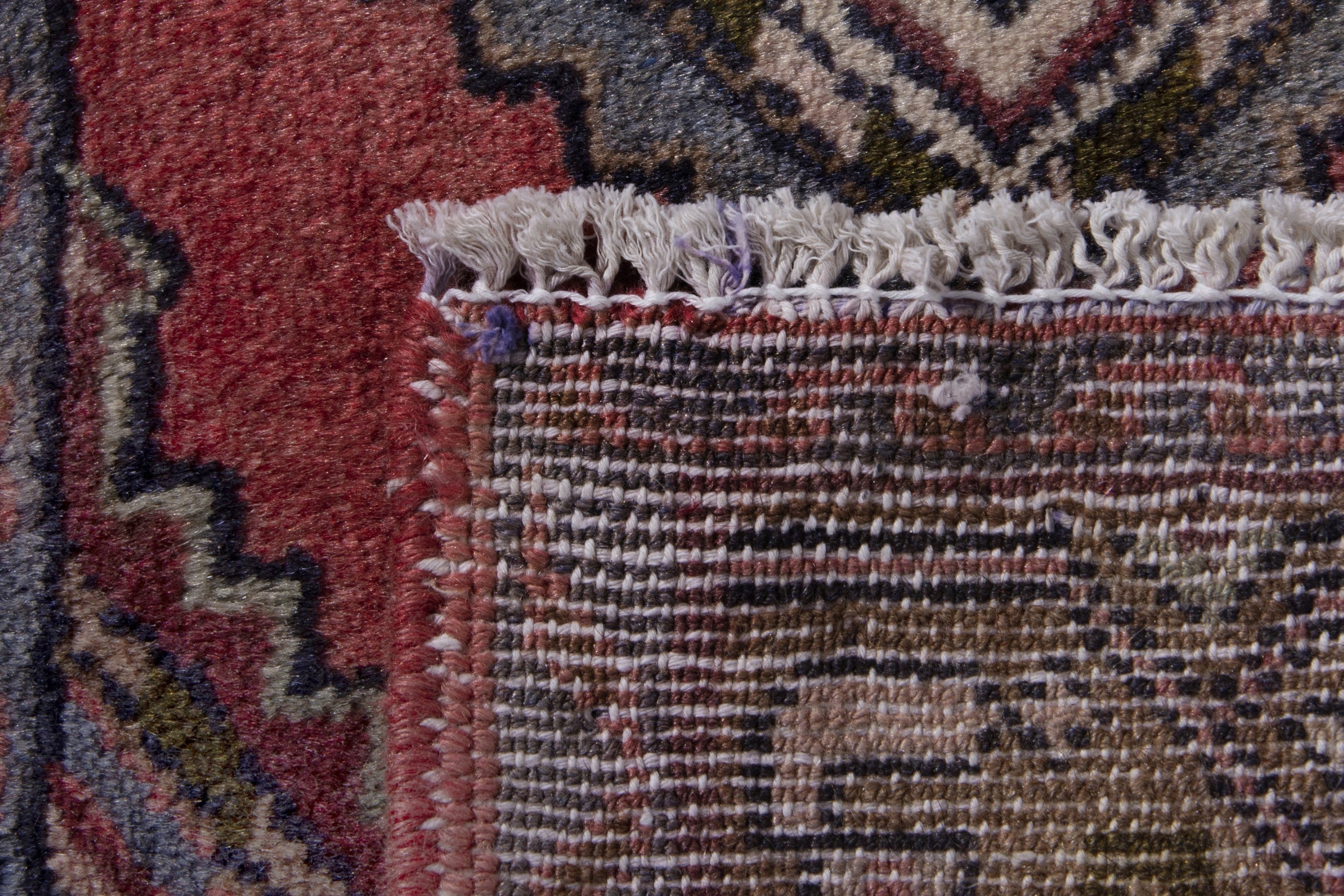 Persian Hamedan accent rug in rose and dark blue, view 7 of 7