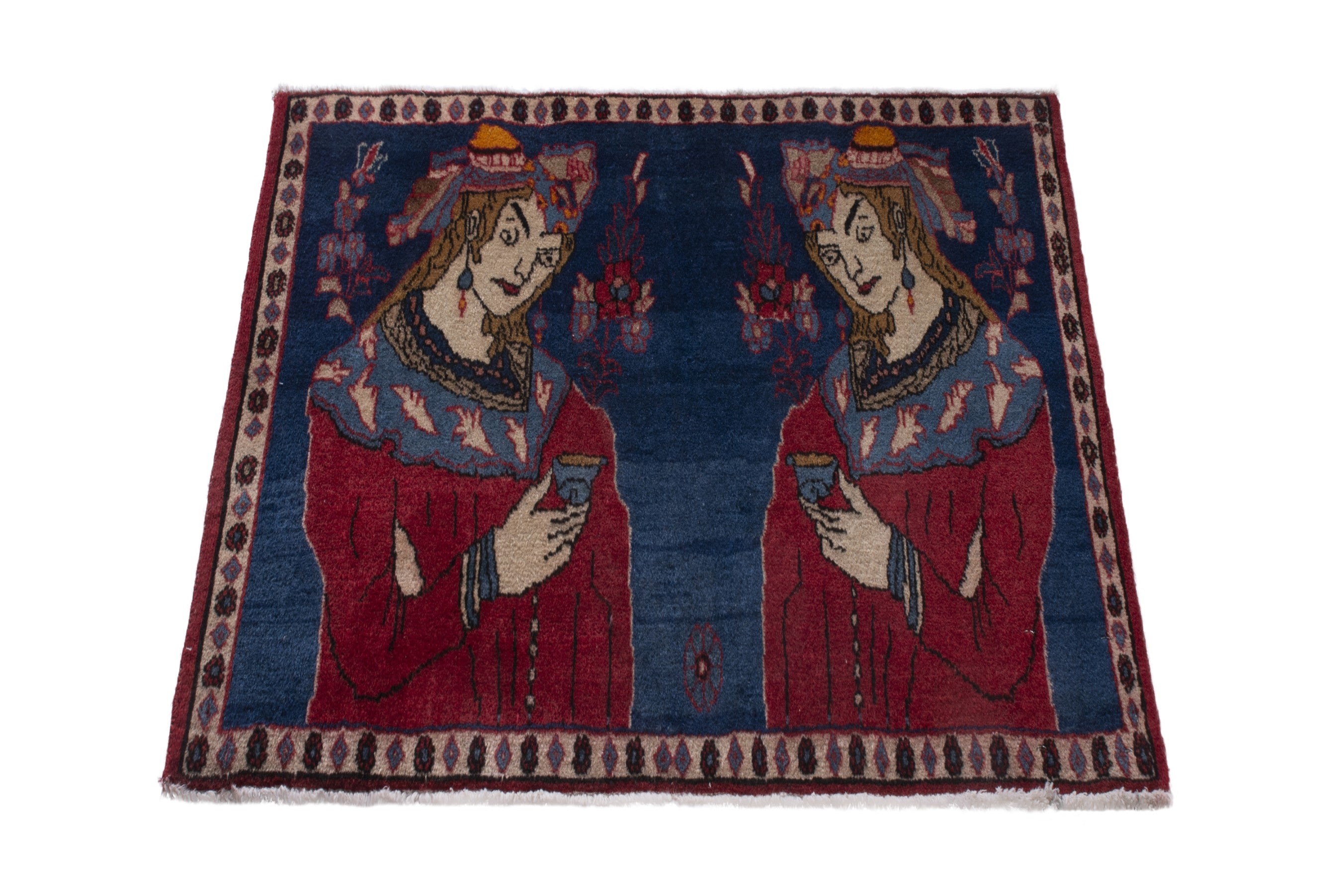 Persian Shahreza accent rug in navy and deep red, view 2 of 9