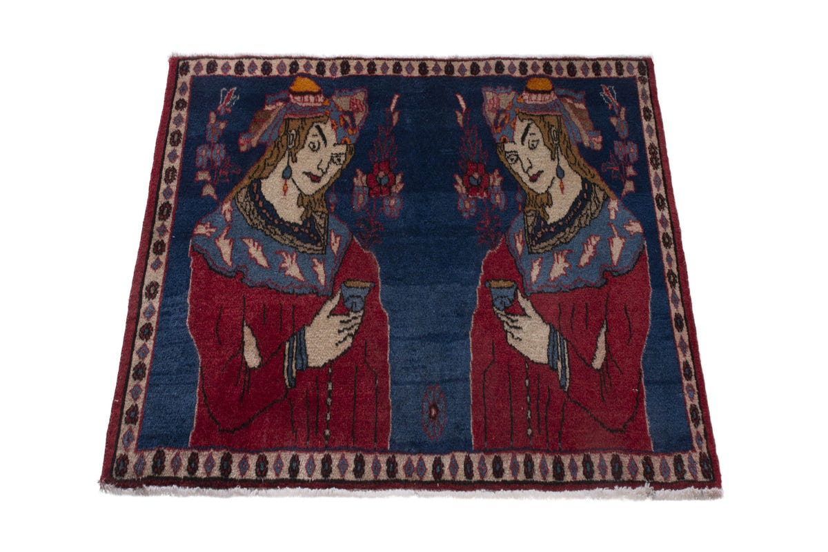 Persian Shahreza accent rug in navy and deep red, view 3 of 10