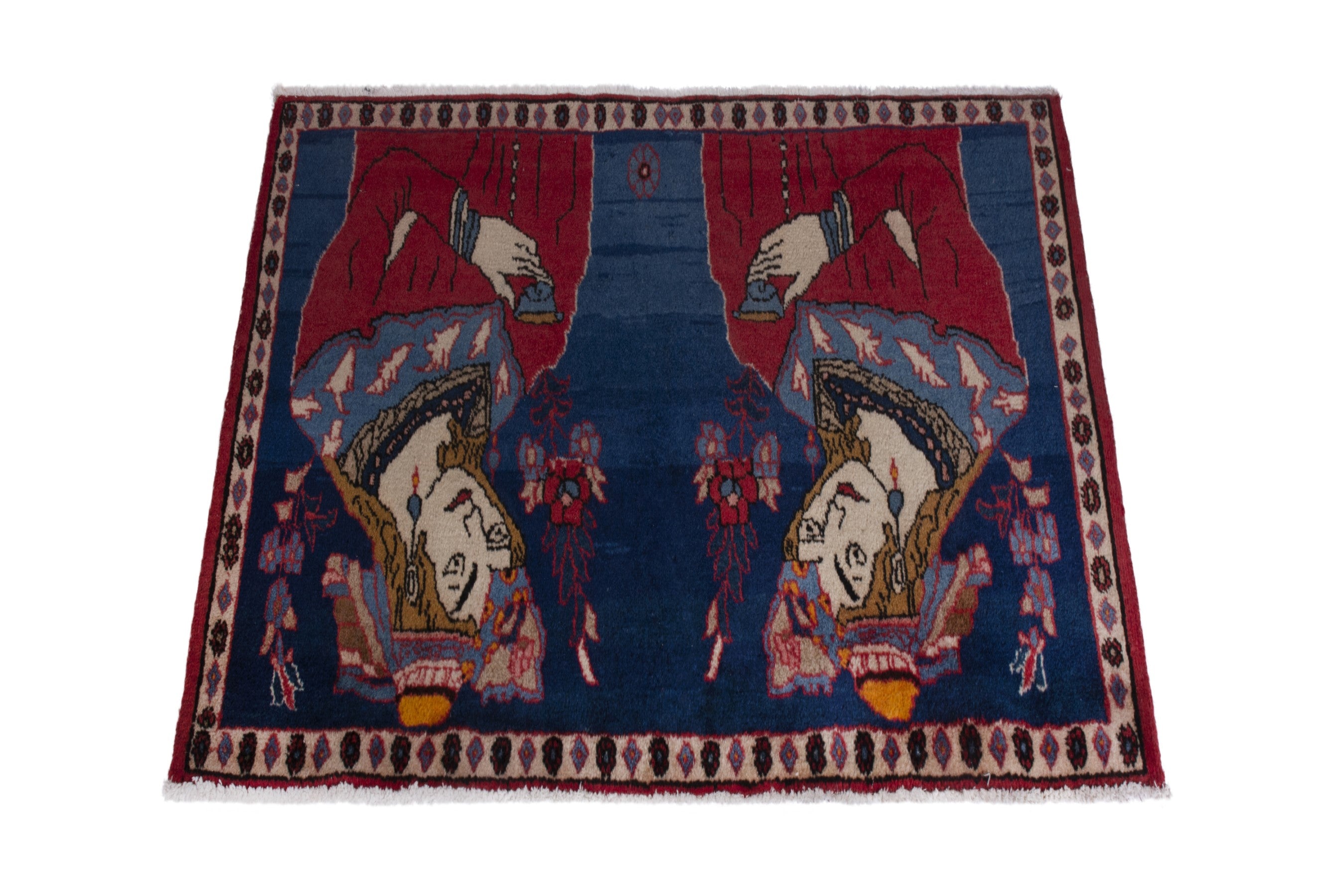 Persian Shahreza accent rug in navy and deep red, view 3 of 9