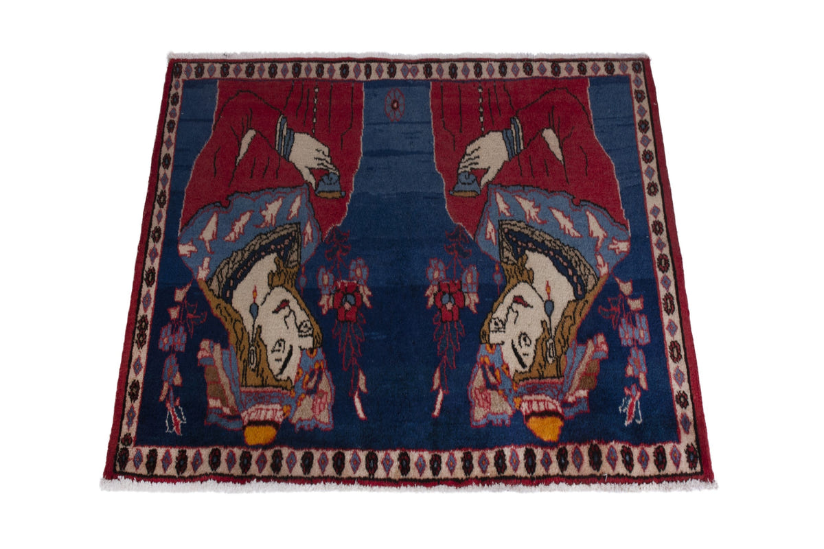 Persian Shahreza accent rug in navy and deep red, view 4 of 10