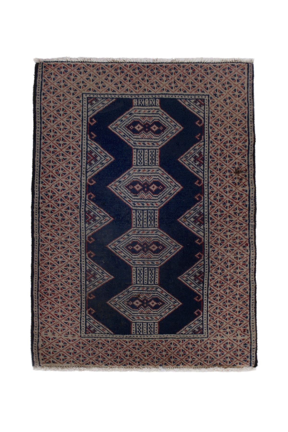 Persian Torkaman accent rug in navy and greige, view 2 of 10