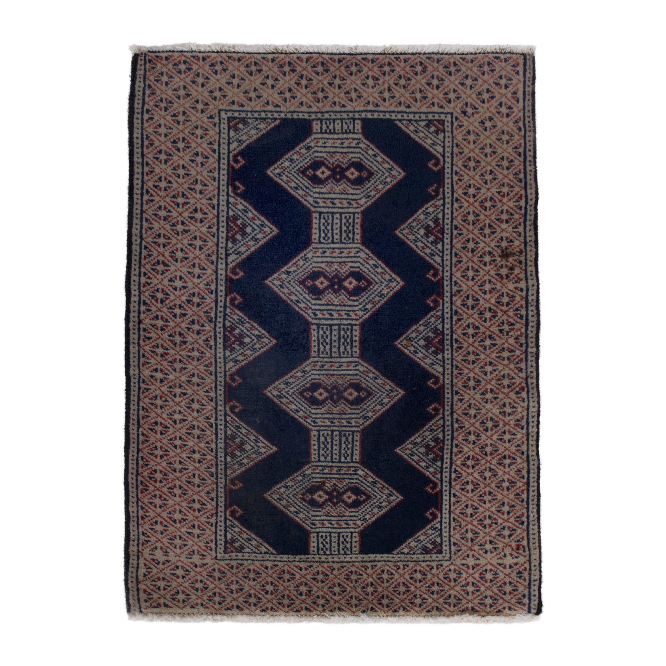 Persian Torkaman accent rug in navy and greige, 2'1" x 2'11"