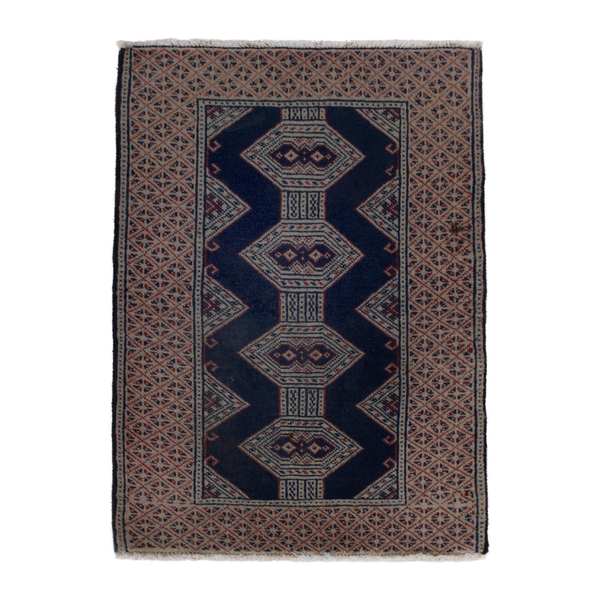 Persian Torkaman accent rug in navy and greige, 2'1" x 2'11"