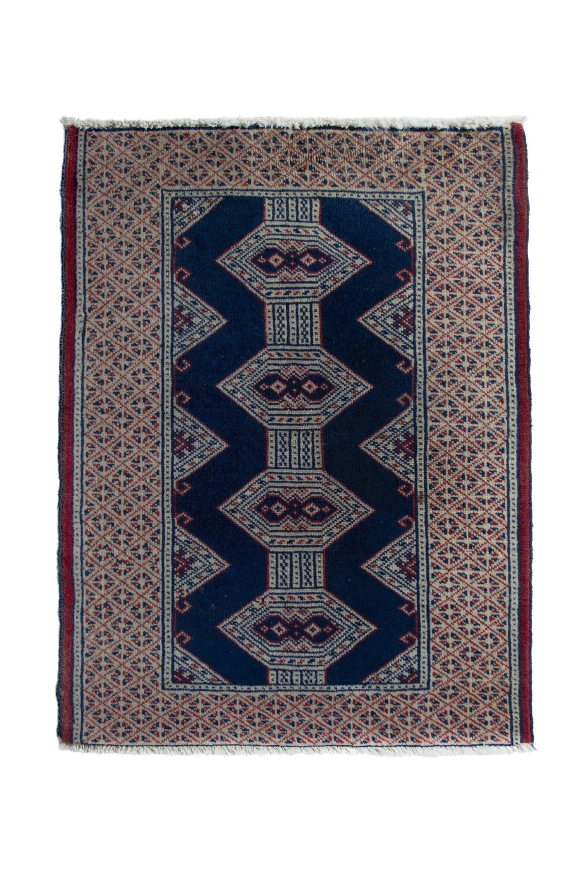 Persian Torkaman accent rug in navy and greige, view 2 of 9