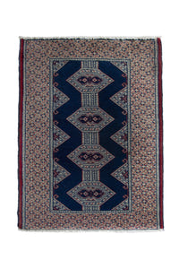 Persian Torkaman accent rug in navy and greige, view 2 of 9