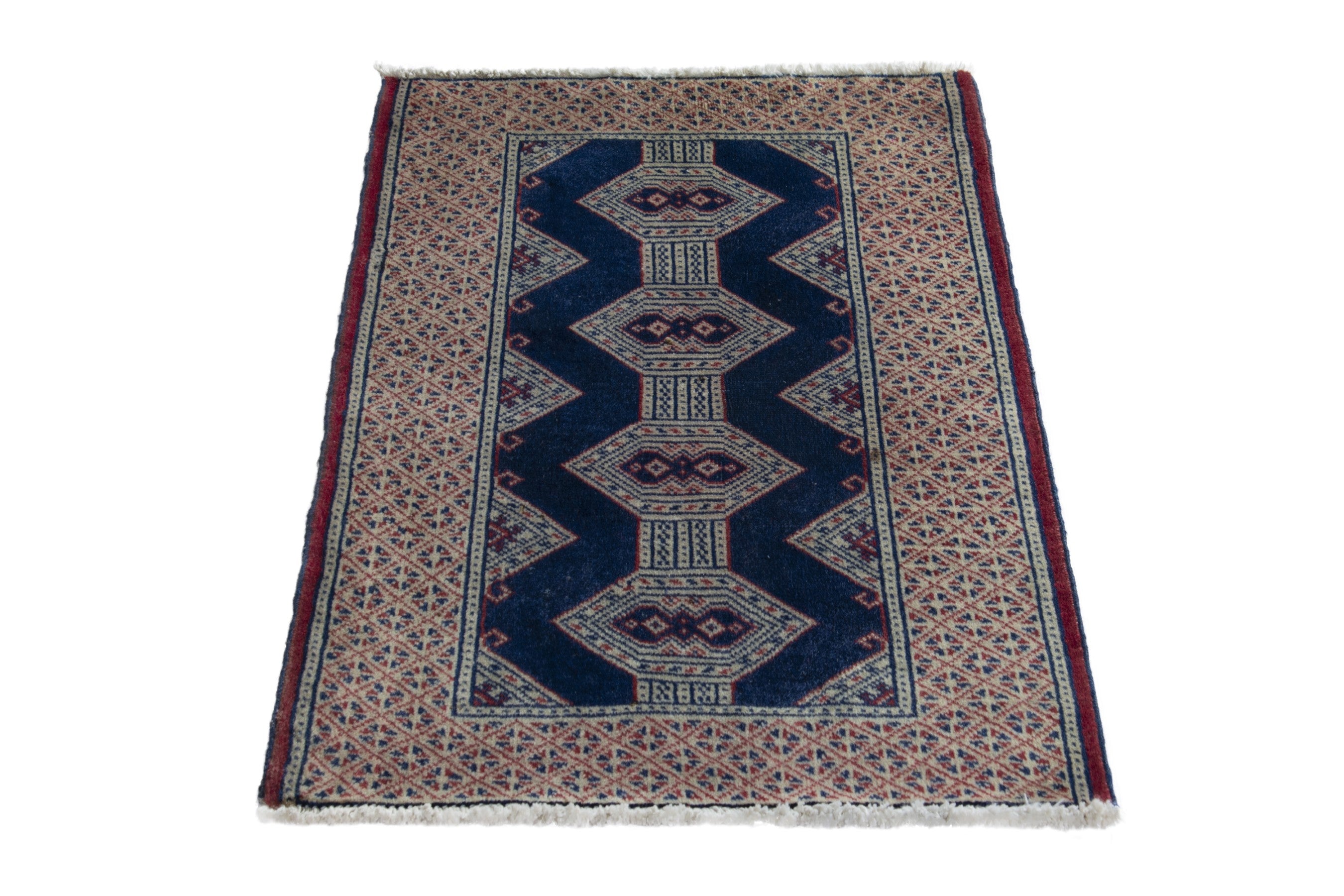 Persian Torkaman accent rug in navy and greige, view 2 of 8