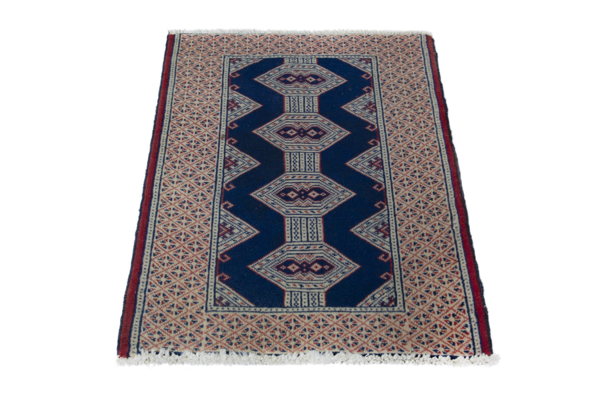 Persian Torkaman accent rug in navy and greige, view 4 of 9
