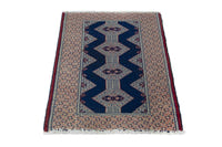 Persian Torkaman accent rug in navy and greige, view 4 of 9