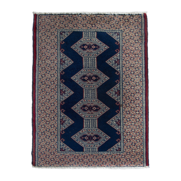 Persian Torkaman accent rug in navy and greige, 2'2" x 2'11"