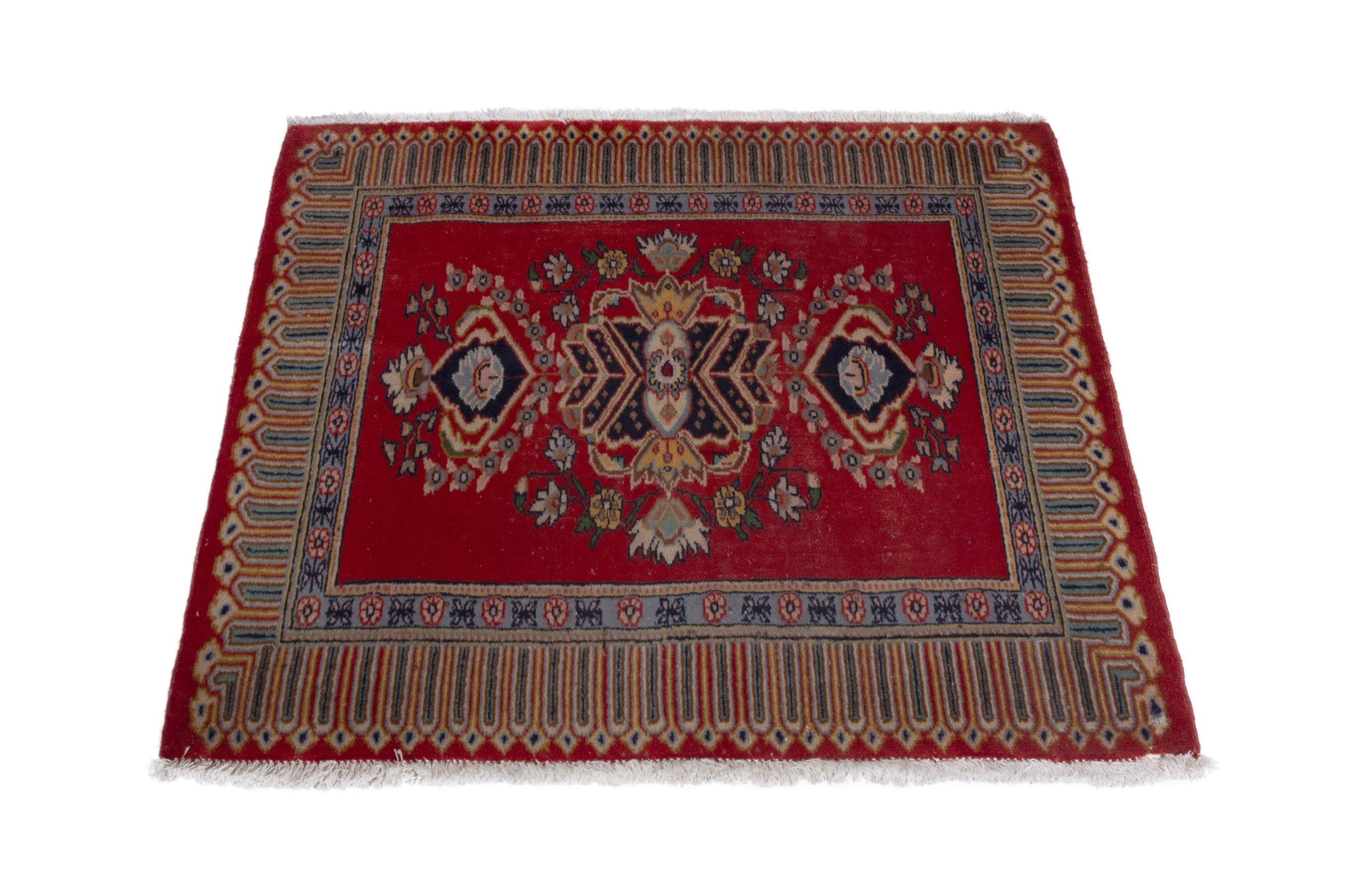 Persian Kashan accent rug in deep red and cream, view 3 of 9