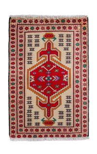 Persian Torkaman accent rug in cream and deep red, view 2 of 9