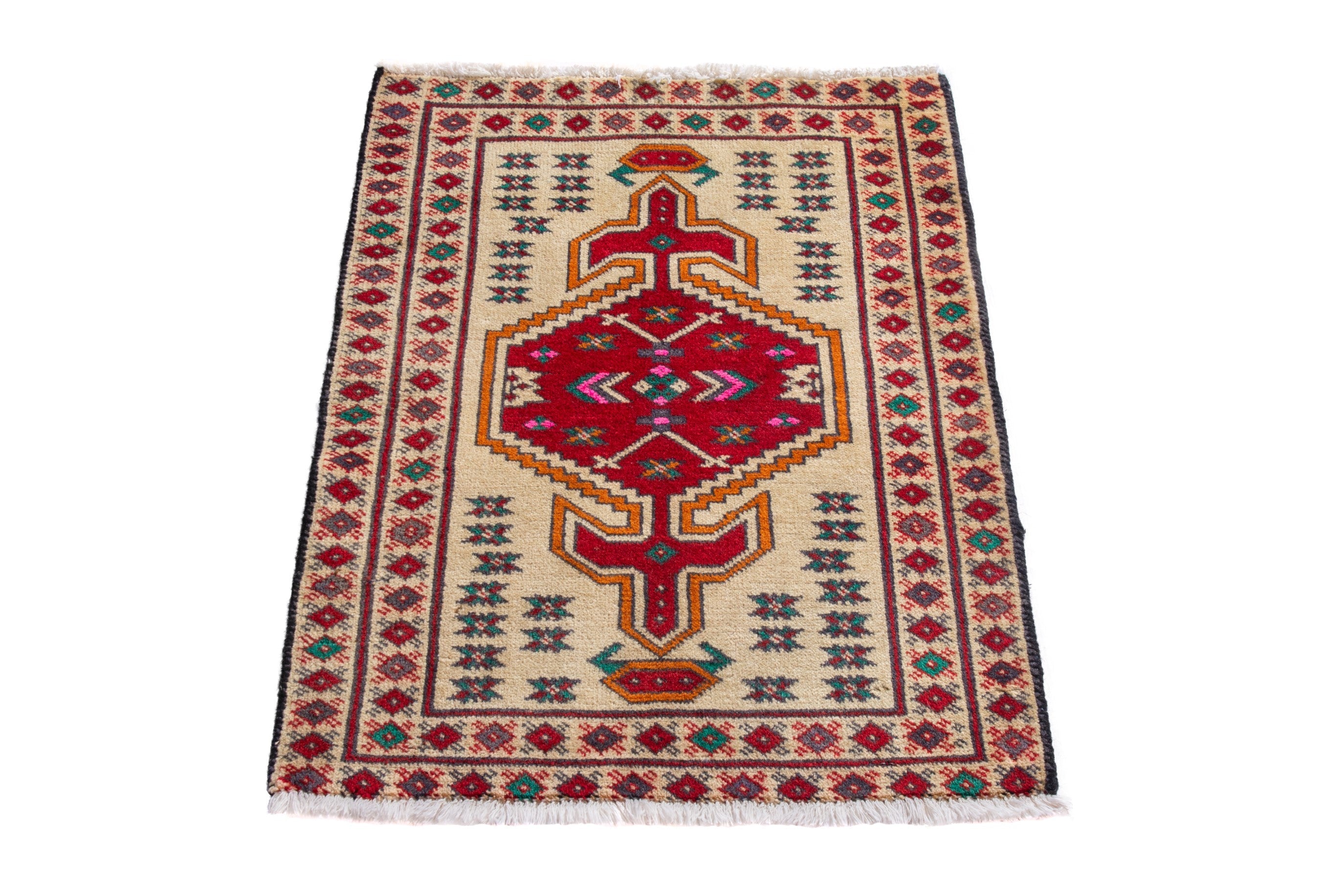 Persian Torkaman accent rug in cream and deep red, view 2 of 8