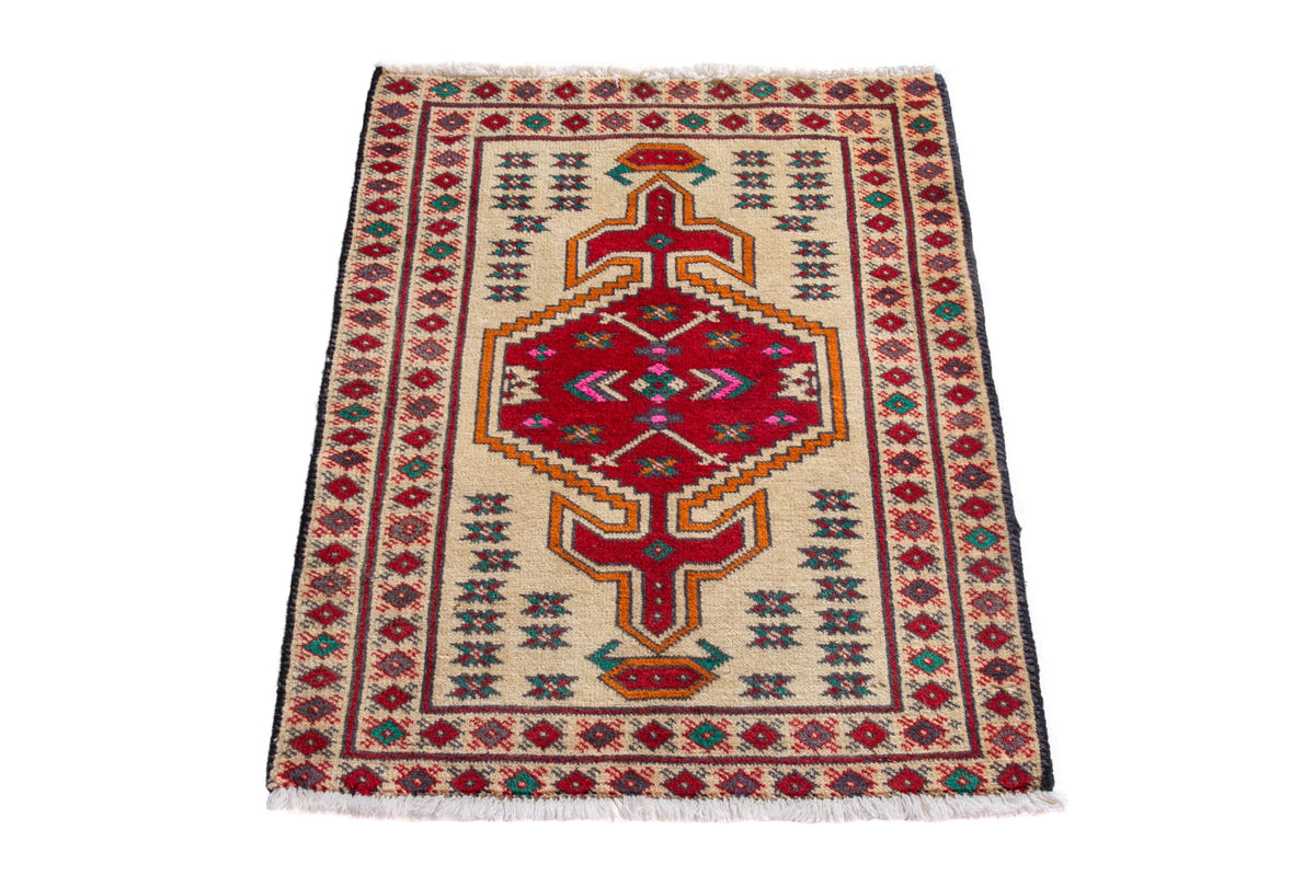 Persian Torkaman accent rug in cream and deep red, view 3 of 9