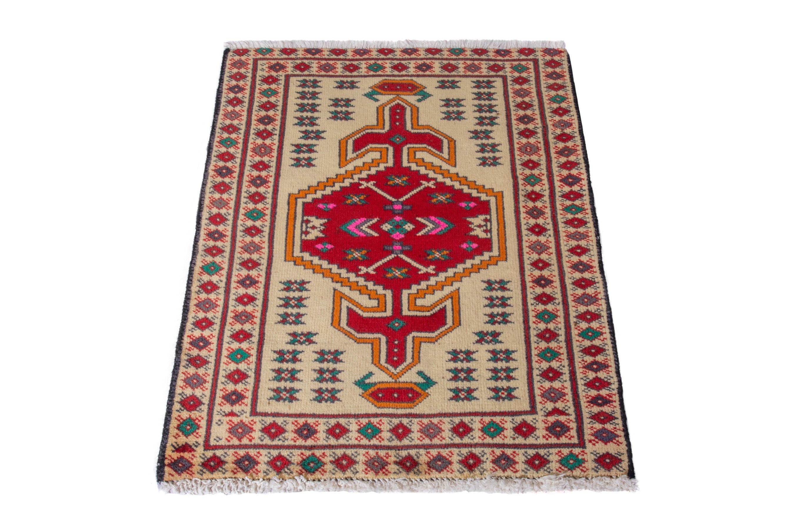 Persian Torkaman accent rug in cream and deep red, view 3 of 8