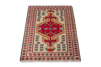 Persian Torkaman accent rug in cream and deep red, view 4 of 9