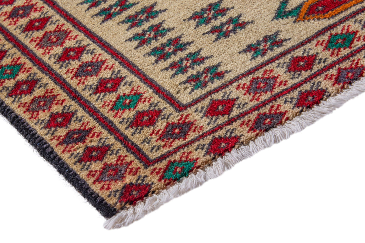 Persian Torkaman accent rug in cream and deep red, view 6 of 9