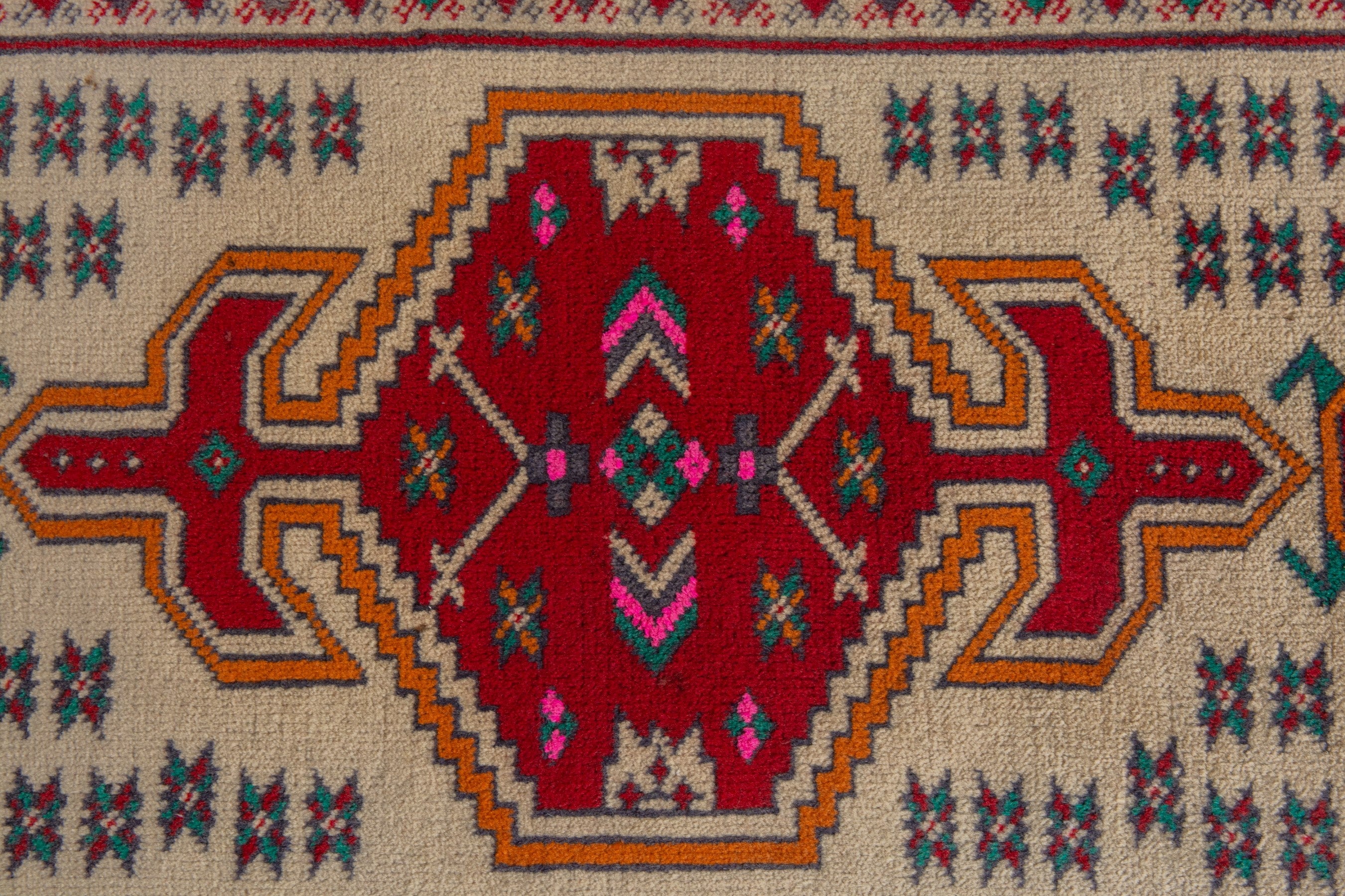 Persian Torkaman accent rug in cream and deep red, view 7 of 8