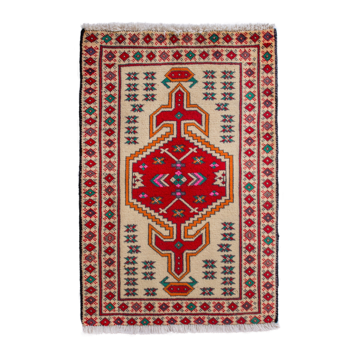 Persian Torkaman accent rug in cream and deep red, 2' x 2'9"