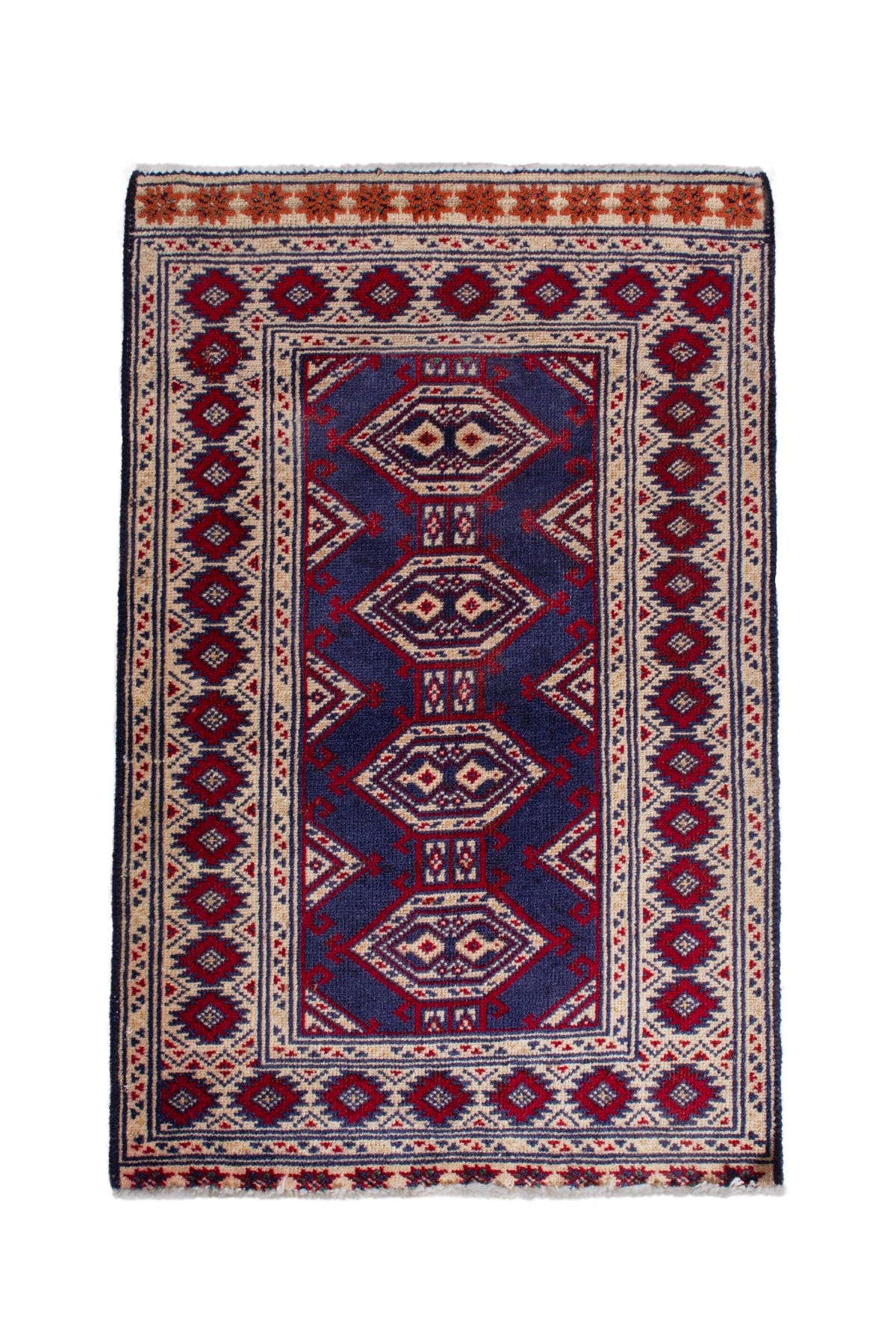 Persian Torkaman accent rug in navy and cream, view 2 of 9