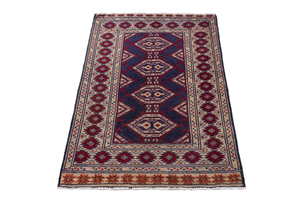 Persian Torkaman accent rug in navy and cream, view 3 of 9