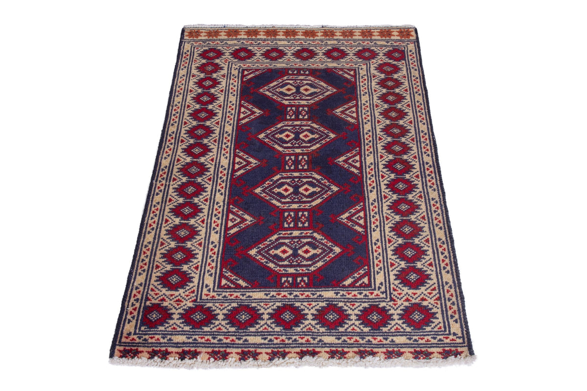 Persian Torkaman accent rug in navy and cream, view 4 of 9