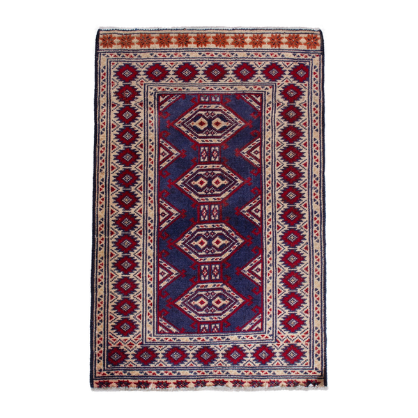Persian Torkaman accent rug in navy and cream, 2' x 2'11"