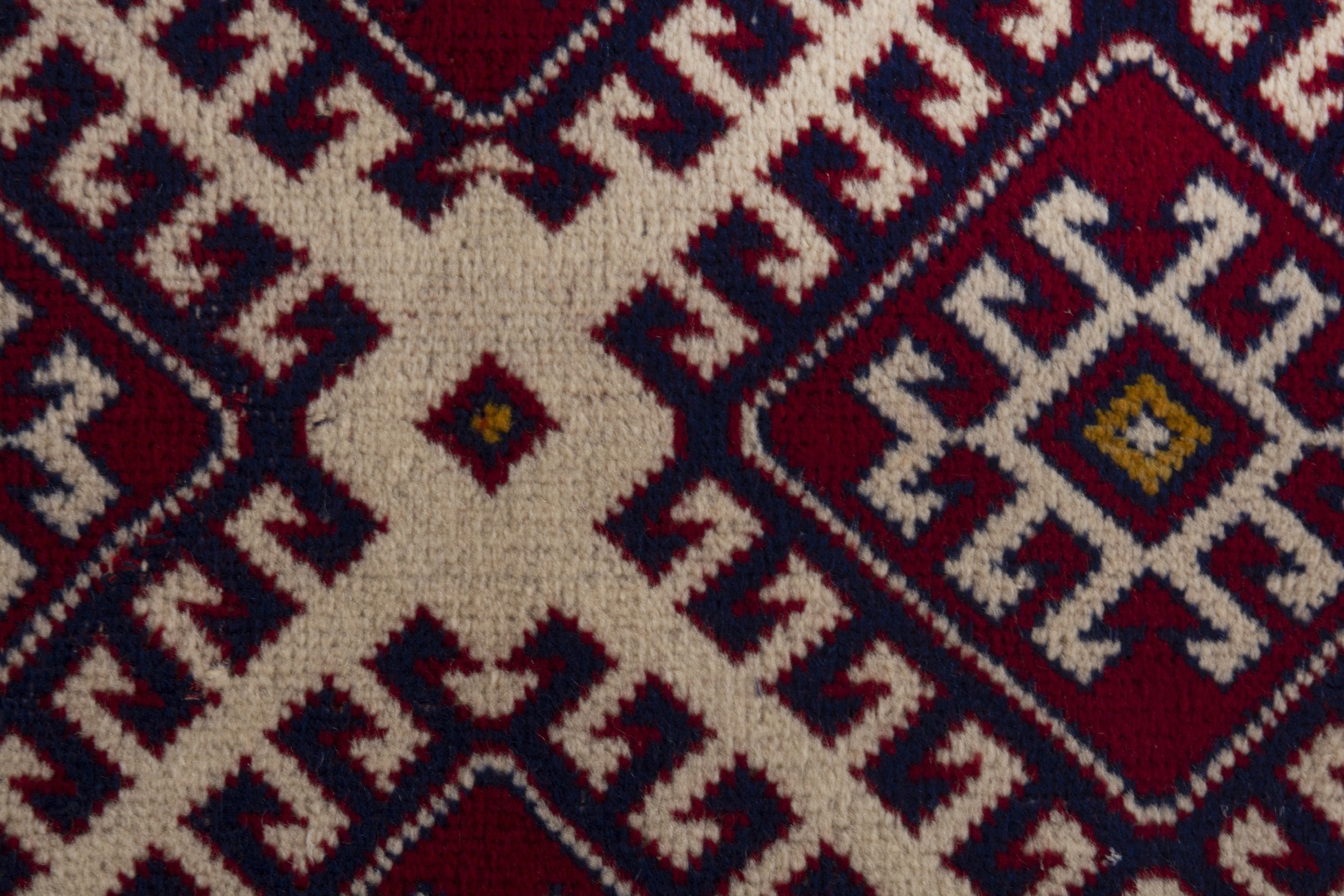 Persian Torkaman accent rug in burgundy and cream, view 7 of 9