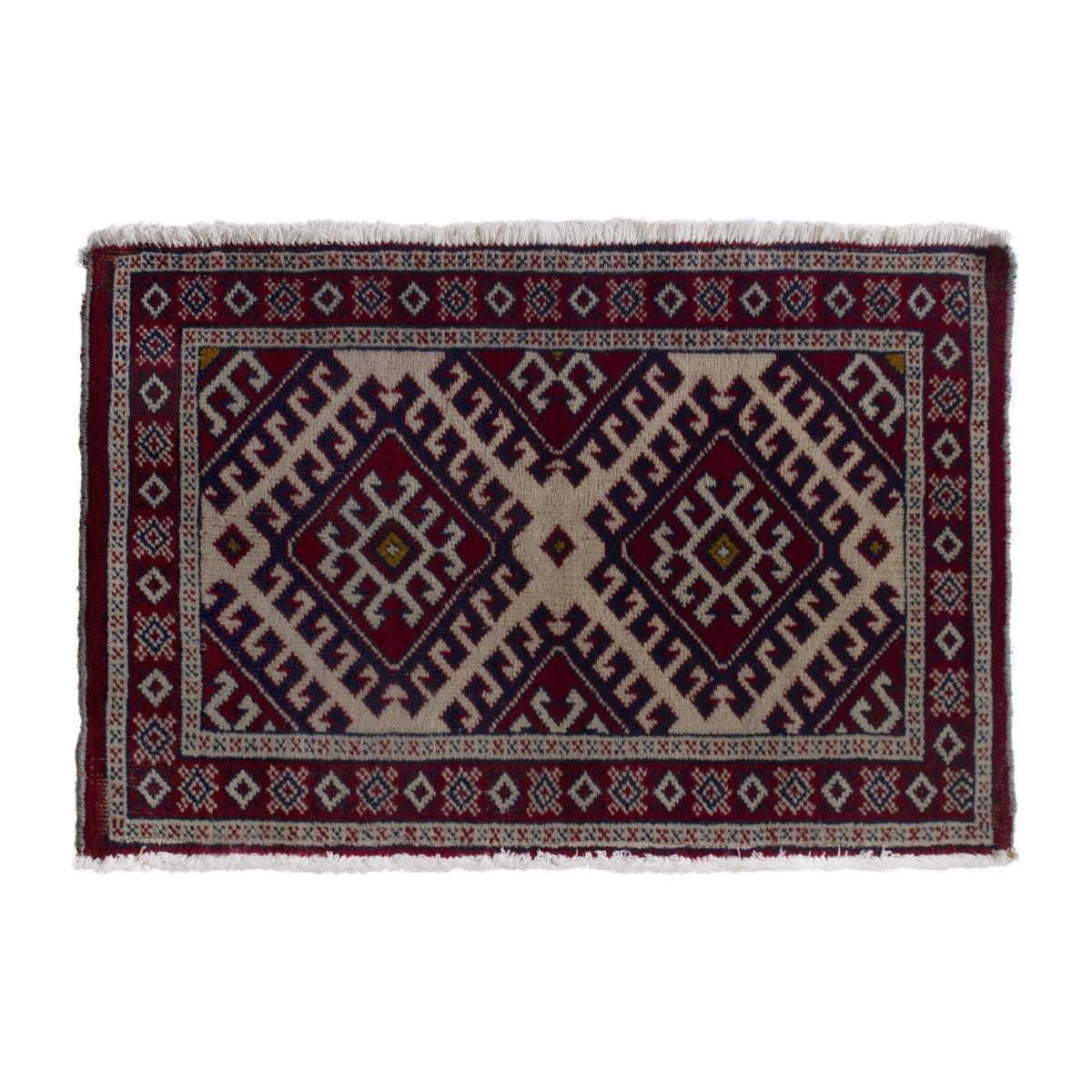 Persian Torkaman accent rug in burgundy and cream, 3'4" x 1'10"