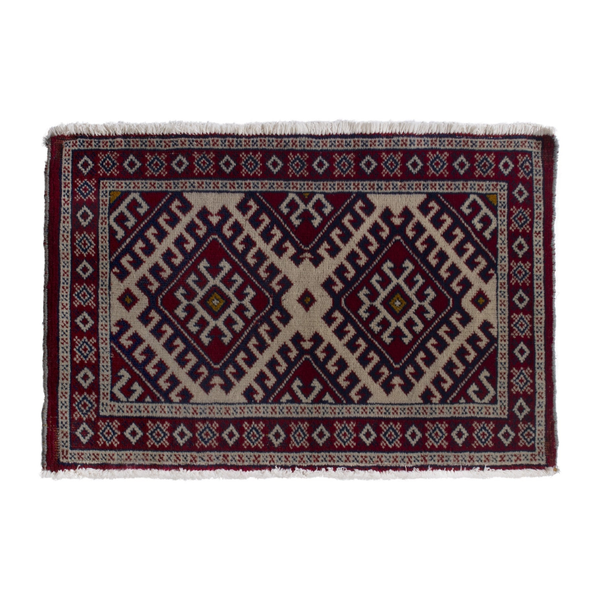 Persian Torkaman accent rug in burgundy and cream, 3'4" x 1'10"