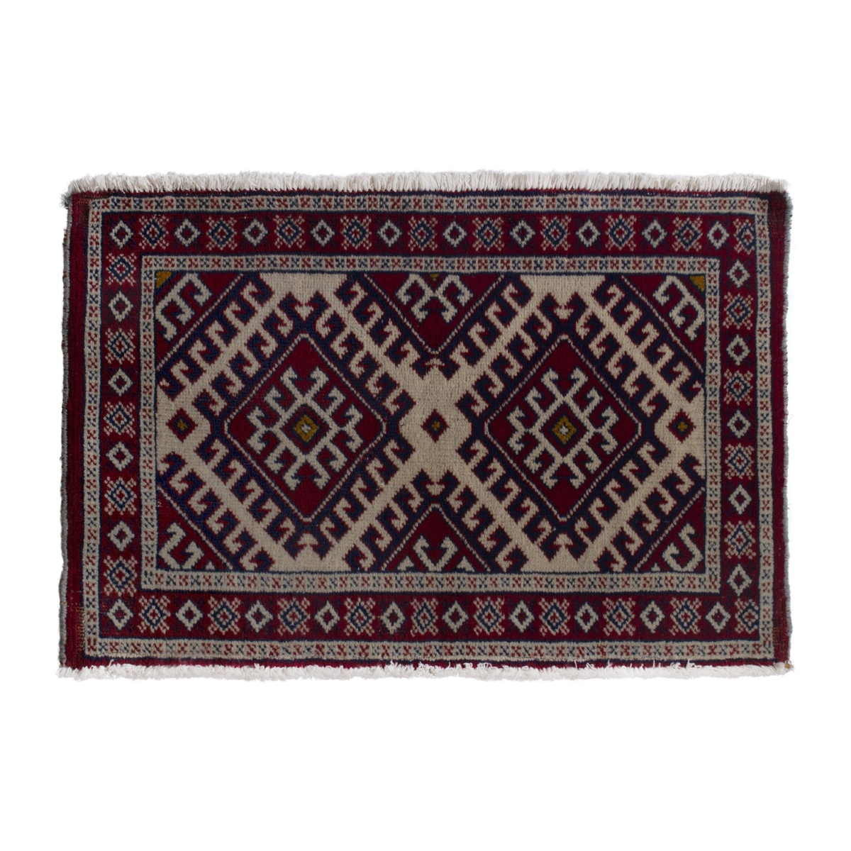 Persian Torkaman accent rug in burgundy and cream, 3'4" x 1'10"