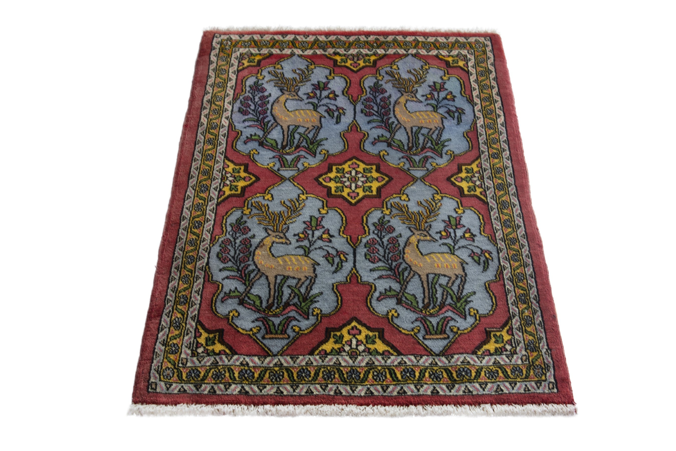 Persian Shahreza accent rug in faded red and dusty blue, view 2 of 9