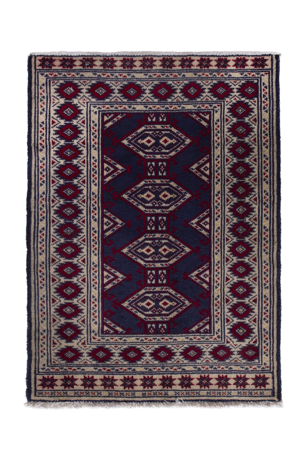 Persian Torkaman accent rug in navy and cream, view 2 of 9